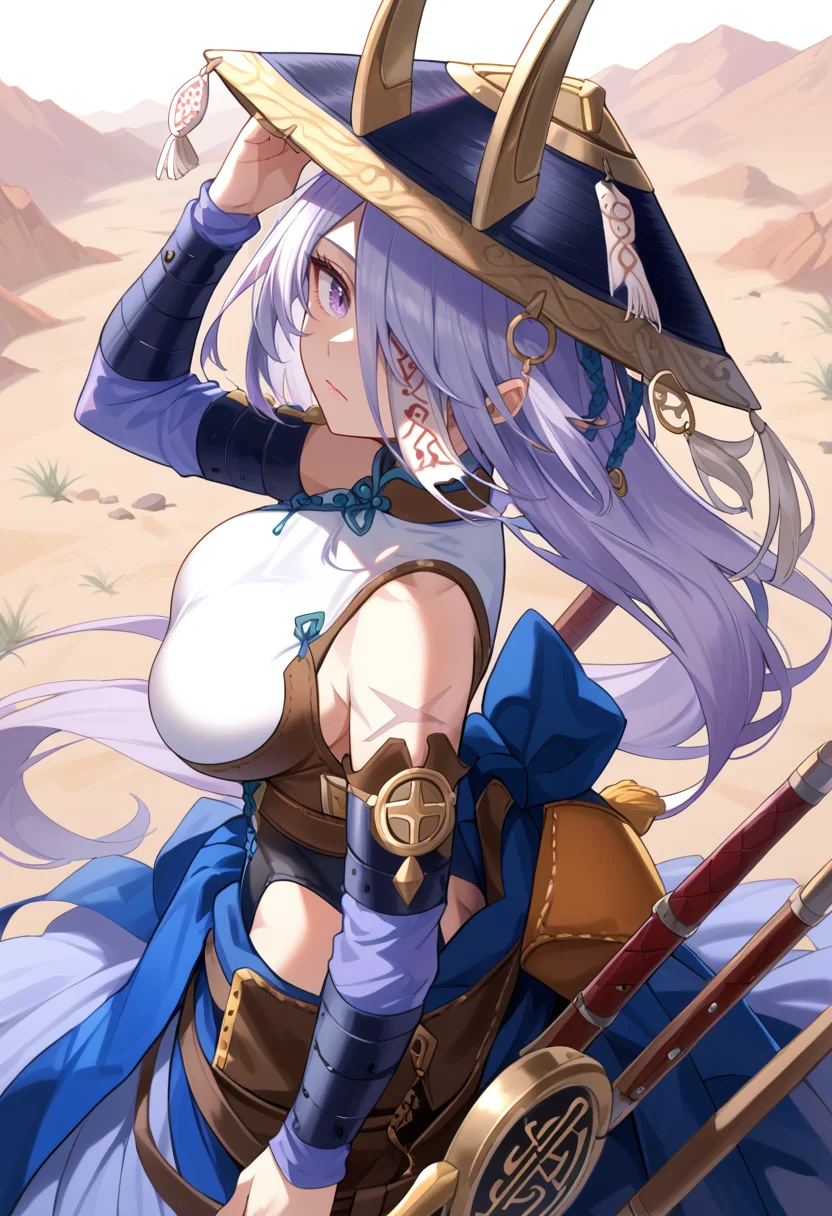 (score_9:0.9),score_8_up,score_7_up,rating_safe,anime style,(zPDXL),(zPDXL3),<lora:The Iris Swordsoul ponyXL v1.1:0.7>,purple eyes,light purple hair,fleurdelis,the iris swordsoul,horn jingasa,1girl,solo,ofuda,looking back,one eye covered,blue detached sleeves,closed mouth,blue long skirt,large breasts,hand on headwear,simple background,white leotard,from behind,from above,red scabbard,desert