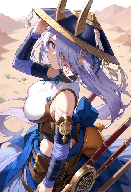 (score_9:0.9),score_8_up,score_7_up,rating_safe,anime style,(zPDXL),(zPDXL3),<lora:The Iris Swordsoul ponyXL v1.1:0.7>,purple eyes,light purple hair,fleurdelis,the iris swordsoul,horn jingasa,1girl,solo,ofuda,looking back,one eye covered,blue detached sleeves,closed mouth,blue long skirt,large breasts,hand on headwear,simple background,white leotard,from behind,from above,red scabbard,desert