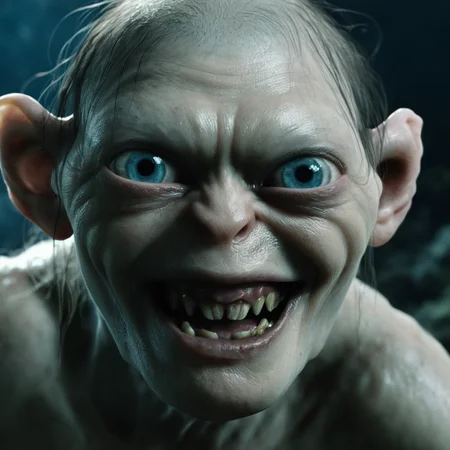 cinematic film still of <lora:The Lord of the Rings style v2:1>
In a Fantasy Middle-earth world in the dark ages Gollum Smeagol Andy Serkis a close up of a person with a very big grin and a surprise look shock on their face,solo,looking at viewer,open mouth,blue eyes,1boy,grey hair,male focus,teeth,fangs,portrait,realistic,horror (theme) , dramatic light, dramatic shadow light, film contrast, cinematic film color, cinematic film look, filmic, realistic, realism, perfection, perfect, movie still, fantasy drama, epic drama, fictional, Age of Wonders, Age of Empires, warriors, Medieval style, middle ages, dungeons and dragons style, different people, different, unique, kingdoms and castles, violent, aggressive, detailed, perfection, detailed face, detailed body, detailed hands, detailed eyes, sharp, horror themed, dark themed, epic fantasy adventure film style, Legendary, mythical, The Lord of the Rings style, shallow depth of field, vignette, highly detailed, high budget, bokeh, cinemascope, moody, epic, gorgeous, film grain, grainy