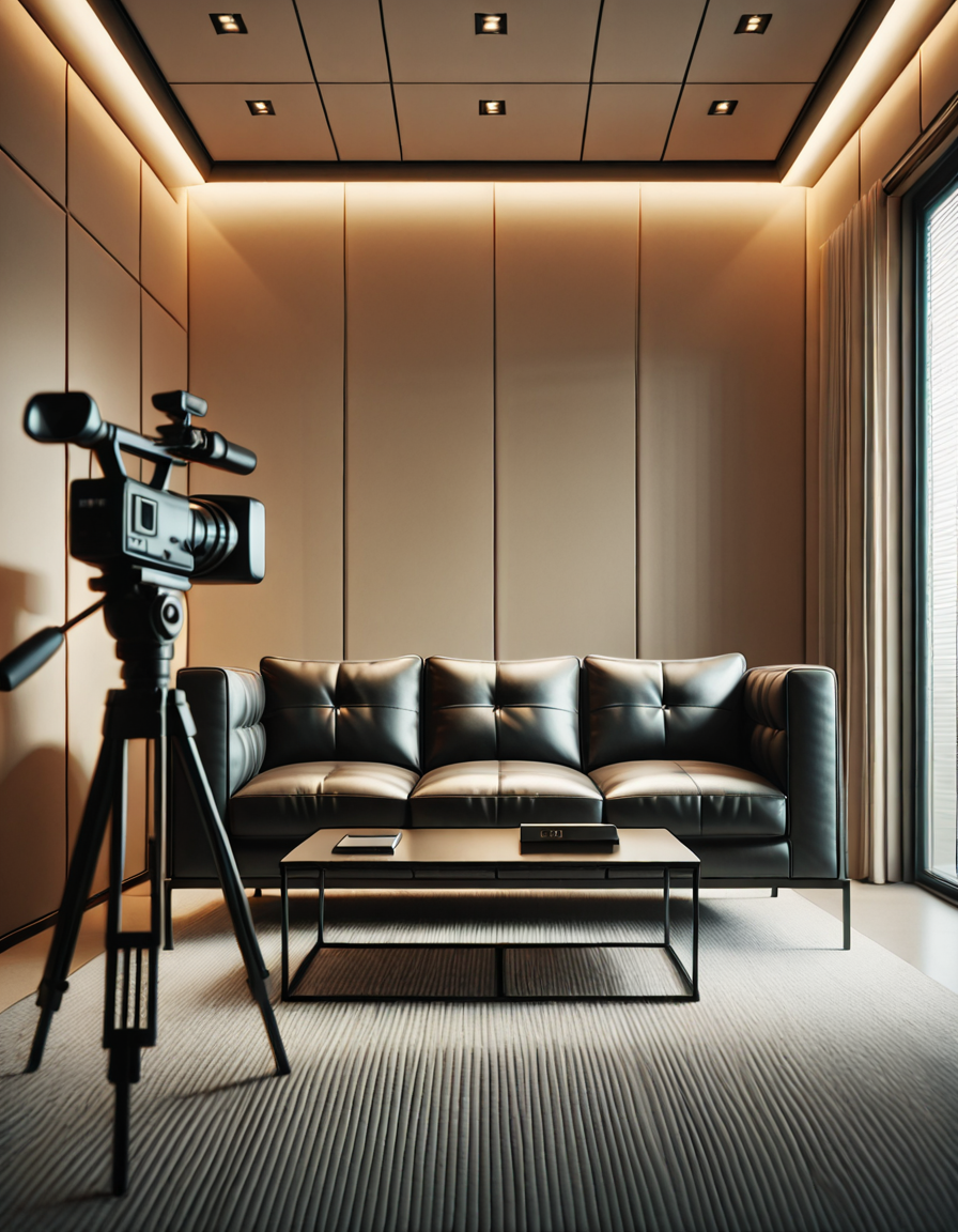 A high-quality, realistic photograph of a modern casting office interior featuring a simple black leather couch positioned against a plain white wall. The couch is sleek, clean, and minimalist in design, with smooth cushions and subtle stitching details. In front of the couch is a small, low wooden coffee table with a few neatly stacked magazines and a glass of water. To the side, there's a professional camera on a tripod aimed at the couch, with softbox lights set up to provide balanced, diffused lighting, eliminating harsh shadows. The floor is covered with light gray carpet, adding a soft texture to the scene. The atmosphere is quiet and neutral, resembling a professional interview space. The overall composition is centered and symmetrical, with a clear focus on the furniture and equipment. No people are present. The photograph has a natural daylight tone coming from an unseen window, giving a soft, ambient glow to the room.
<lora:SDXLFaeTastic2400:0.4> <lora:extremely_detailed:0.4> extremely detailed, <lora:C4st1ng_c0uch-i:1>,C4st1ng c0uch, Masterpiece,best quality,hi res,8k,hi res,8k,award winning,(sharp focus, intricate, highly detailed),