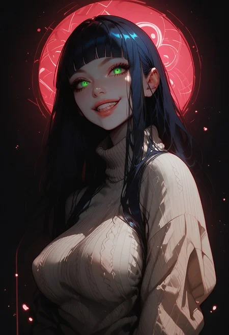 score_9, score_8_up, score_7_up, score_6_up,  1girl, Celine, pale skin, gorgeous girl, cute face, sinister smile, vibrant green eyes, dark blue hair, blunt bangs, long straight hair, ((wearing loose sweater)), sporty leggings, ((large breasts)), reaching up high, (slim fit), posed, action focus, (puffy areola), side angle, simple background, perfect lighting, Expressiveh, g0thicPXL, glowing, neon,