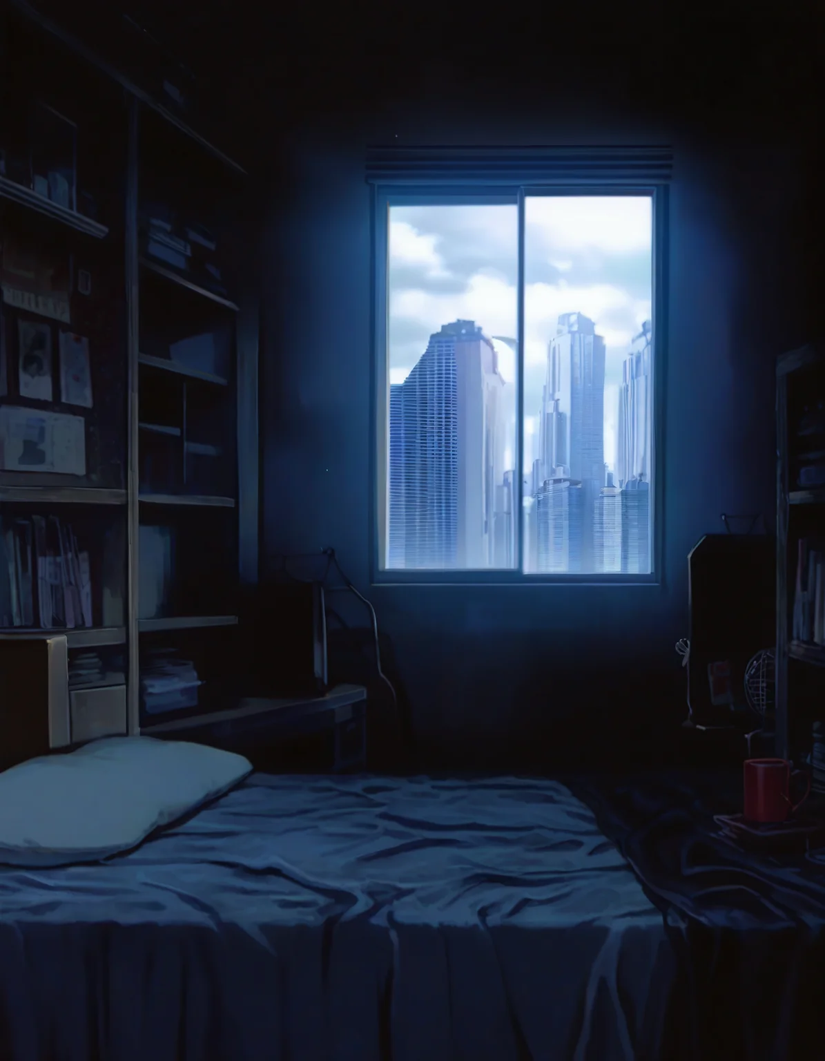 masterpiece, best quality, newest, absurdres, highres, very awa, <lora:Cityscape-style-noobai-10-vpred>, no humans, scenery, window, calendar \(object\), building, indoors, city, cup, sky, cityscape, cloud, bookshelf, skyscraper, television, book, bed, monitor, apartment, air conditioner, shelf, cloudy sky, bedroom, clock, clothes hanger, mug, poster \(object\), clothes, dark, anime screencap,