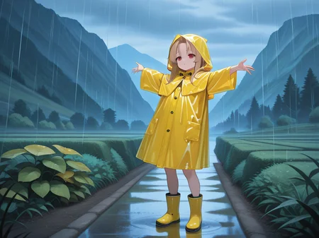 <lora:IL_Fleta:1>,1girl,solo,mb_fl,Fleta,red eyes,yellow raincoat,hood,rubber boots,hood up,t-pose,parted lips,outdoors,landscape,bushes,rain,, masterpiece,best quality,amazing quality,very aesthetic,absurdres,