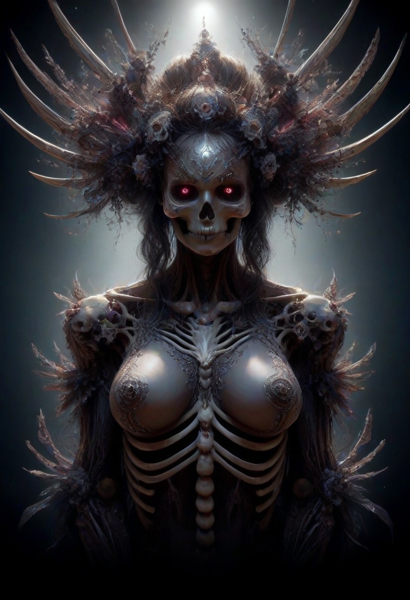 Intricately detailed skeleton succubus, Long voluminous hair, large perky breasts, Vibrant dark color scheme,  beautiful masterpiece, digital art, dark fantasy, best quality, ultra detailed, hires, 8k uhd, radiant dynamic lighting