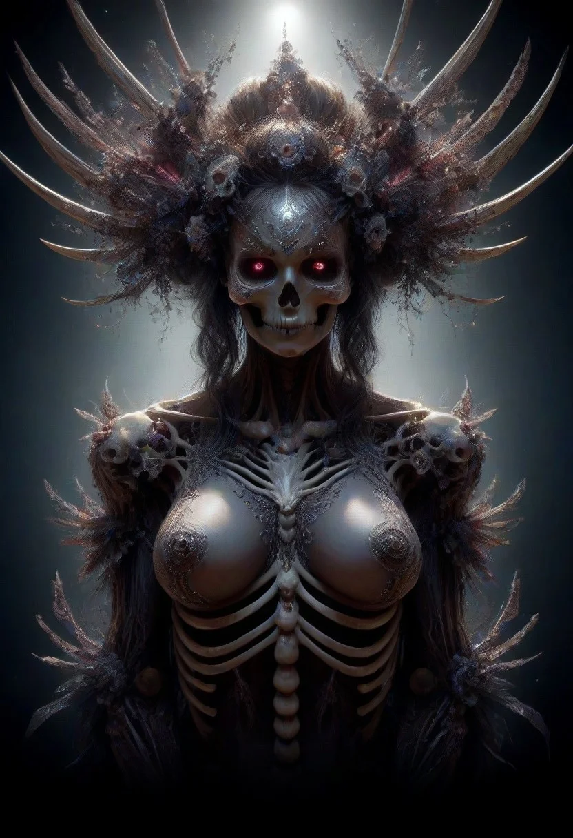 Intricately detailed skeleton succubus, Long voluminous hair, large perky breasts, Vibrant dark color scheme, beautiful masterpiece, digital art, dark fantasy, best quality, ultra detailed, hires, 8k uhd, radiant dynamic lighting