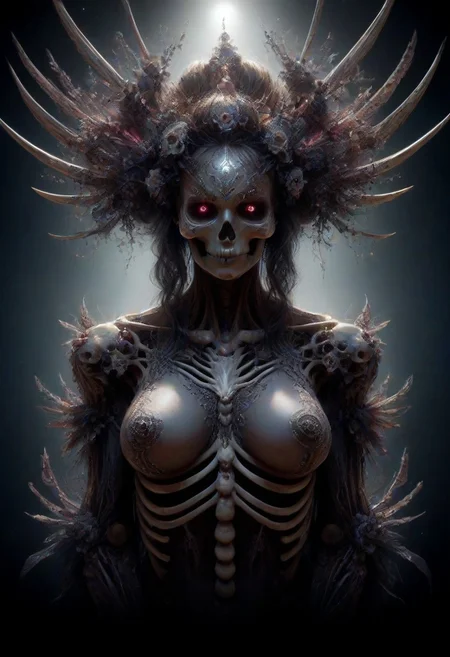 Intricately detailed skeleton succubus, Long voluminous hair, large perky breasts, Vibrant dark color scheme, beautiful masterpiece, digital art, dark fantasy, best quality, ultra detailed, hires, 8k uhd, radiant dynamic lighting