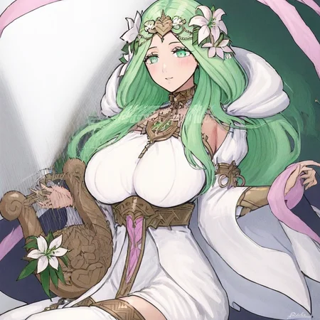 RheaValentine, long hair, green hair, hair flower, hair ornament, green eyes, white dress, large breasts, solo