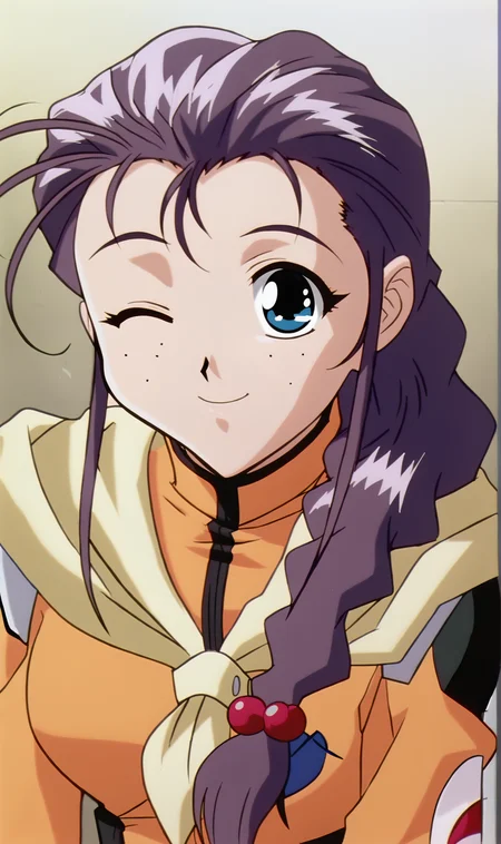 MR, 1girl, solo, purple hair, single braid, blue eyes, hair over shoulder, hair ornament, yellow neckerchief, orange jacket, long sleeves, portrait, wink, looking at viewer, smile, retro artstyle, <lora:Megumi Reinard Pony XL:1>