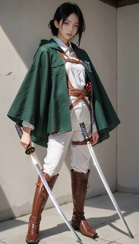 1girl, survey corps \(emblem\), green cloak,thigh strap, harness,boots, white pants, white shirt,full body, stand,
score_9, score_8_up, score_7_up, anime, source_anime, sunset,
(long katana, holding katana), <lora:katana:0.9> <lora:mikasa-v_pony:0.7>