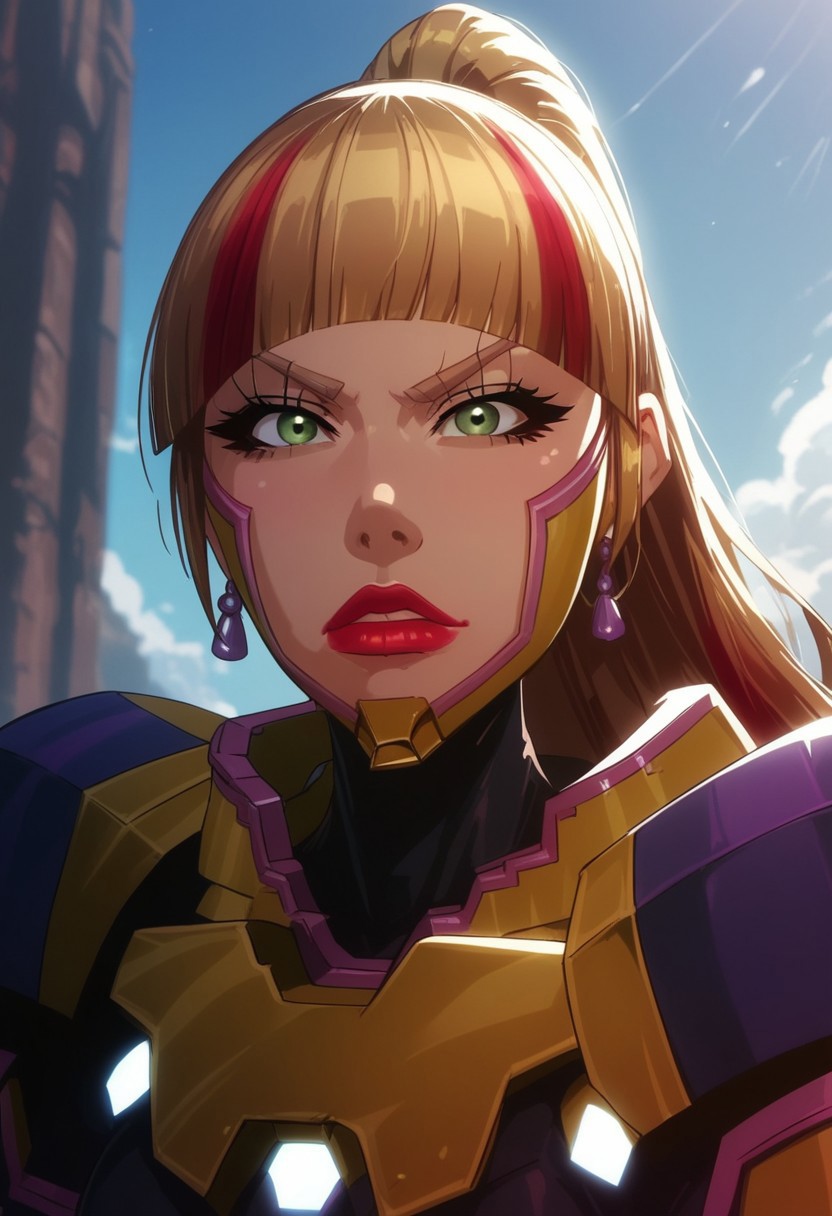 score_9, score_8_up, score_7_up, score_6_up, best quality, masterpiece, depth of field, pretty girl, KK_Anime,
1girl,
solo,
blonde hair,
Long hair,
red streaks,
ponytail,
earrings,
green eyes,
red lips,
mecha bodysuit,
medium breasts,
dynamic pose, arrogant smirk, powerful woman, horny, standing, sexy pose, close up,