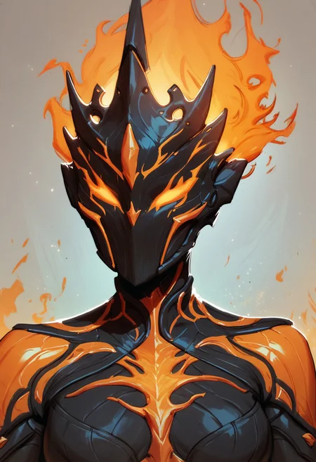 score_9, score_8_up, score_8, score_7_up, score_7, score_6_up, score_6, score_5_up, Score_5, 1girl, Hember, warframe, robot, fiery body, fiery hair, molten rock, multicolored body, black body, orange body, faceless, no mouth, ornamented  helmet, mask, bulky, strong, blue flame, vox machine style, 1boy, male focus, solo, portrait, hell background, fantasy, (dynamic lighting:1.1)
((masterpiece))