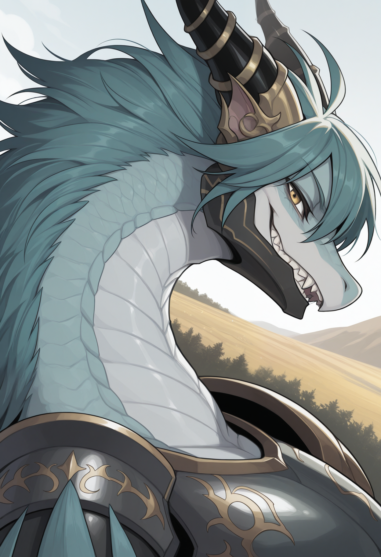 masterpiece,best quality,amazing quality, 1boy, solo, r4f4l3, dragon boy, yellow eyes, teal mane, jaw armor, gold accents, shoulder armor, metal chestplate, close up, side angle, smirk, outdoors,