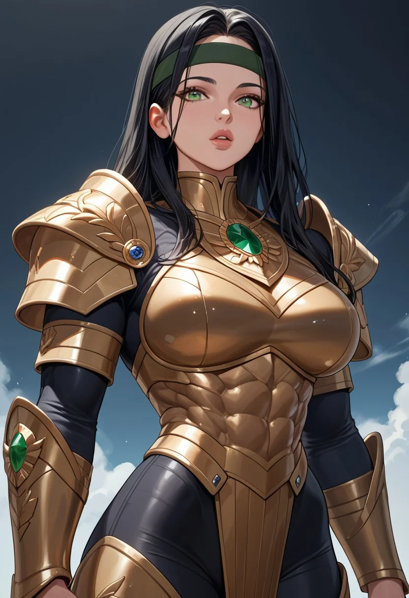 masterpiece, newest, absurdres, safe, score_9, score_8_up, score_7_up, score_6_up, girl, (straight black hair:1.4), forehead, headband, (green eyes:1.4), (big breasts:1.2), (golden armor:1.1), (muscular body:1.8),  black tight skin, (fleshy lips:1.5), (thin waist:1.5)