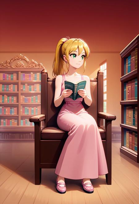 score_9,score_8_up,score_7_up, close-up, best quality, masterpiece, ultra detailed, 1girl, solo, (((looking away))), cowboy shot, zoom out, far shot, ((full body, full shot)), ((library background)), ((reading pose)), sitting in chair, ponytail, happy, closed mouth, large breasts, slim, petite, kylie, pink shirt, short sleeves, pink long dress, pink sneakers, blonde hair, green eyes, bare shoulders, bow, ((((bare arms)))), masterpiece, scenery, indoors, bookshelves, books, window