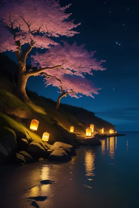 (ultra high res:1.4), (masterpiece), (beautiful lighting:1.4) , raw movie poster, (masterpiece, best quality:1.5), Asian wishing lanterns in the night sky, cherry blossom trees, a beach by the sea, volumetric lighting, night time, moonlight rfelected in the water, black background, peacful atmosphere