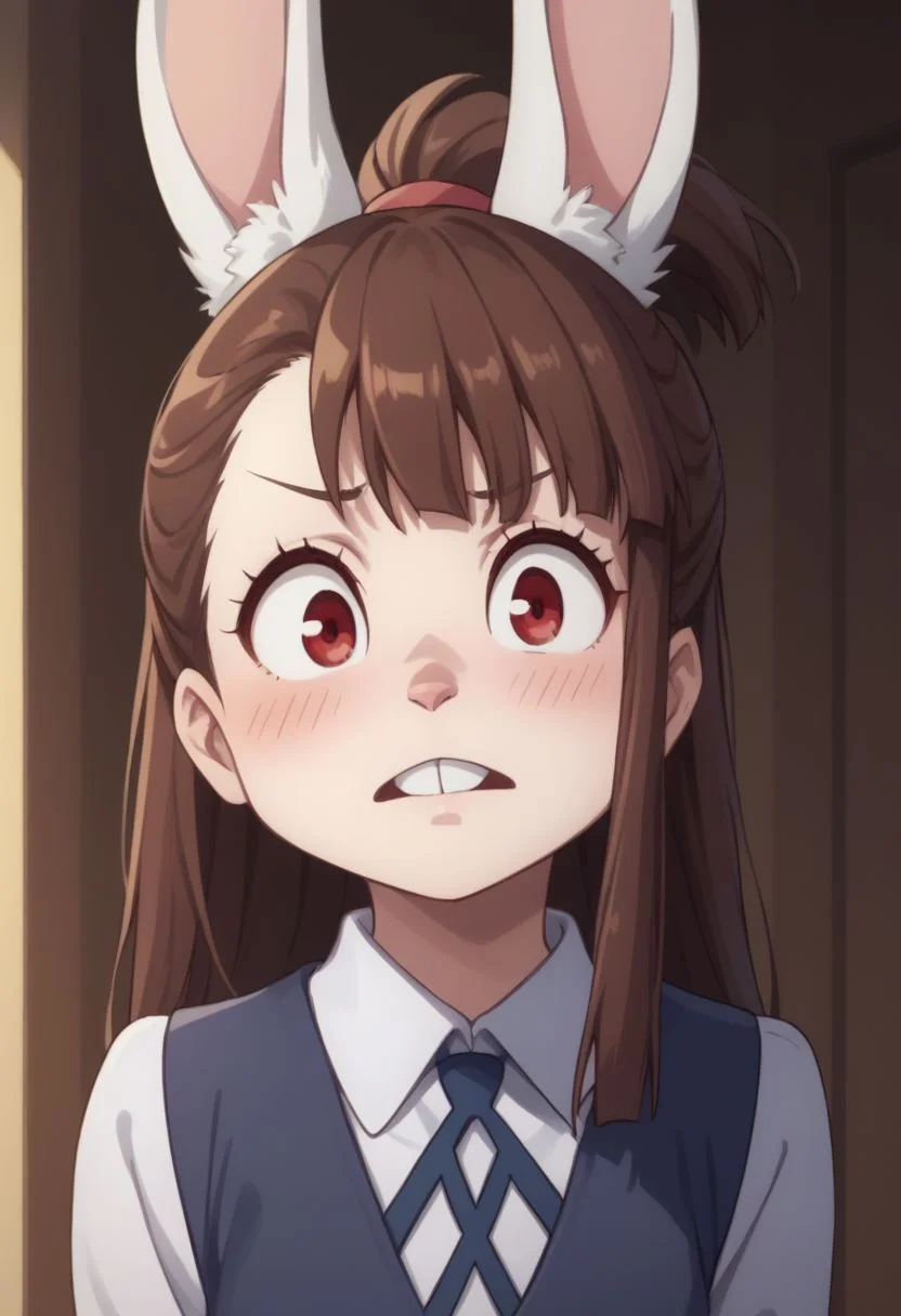 score_9, score_8_up, source_anime, highly detailed,
akko, 1girl, animal ears, brown hair, rabbit ears, rabbit nose, solo, red eyes,
bangs, school uniform, parody, long hair, rabbit teeth, blush,