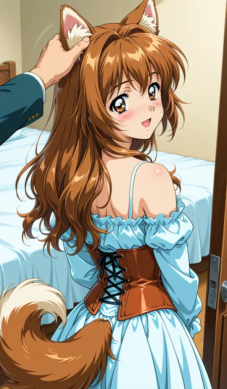 <lora:et-pet:0.7>
dog tail,
1girl, solo,
animal ears, tail, long hair, blush, brown hair,
open mouth, animal ear fluff, skirt, brown eyes, looking at viewer, bare shoulders, looking back, corset, long sleeves, headpat, shirt,
pov:2, front view:2,
standing, standing still,
smile,
nsfw,
1990s (style),
anime coloring:2,
masterpiece, beatuiful face, best quality,
white bed, indoors,