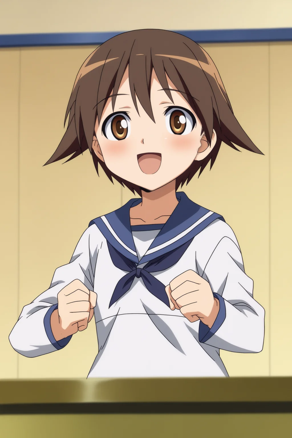 Yoshika_Miyafuji, anime coloring, flat shadows, upper body, happy <lora:Strike_Witches-Yoshika_Miyafuji-PDXL-s1:0.8>
