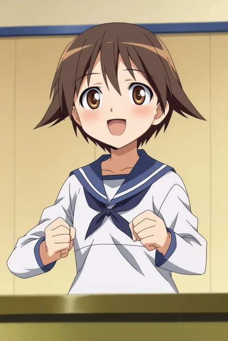 Yoshika_Miyafuji, anime coloring, flat shadows, upper body, happy <lora:Strike_Witches-Yoshika_Miyafuji-PDXL-s1:0.8>