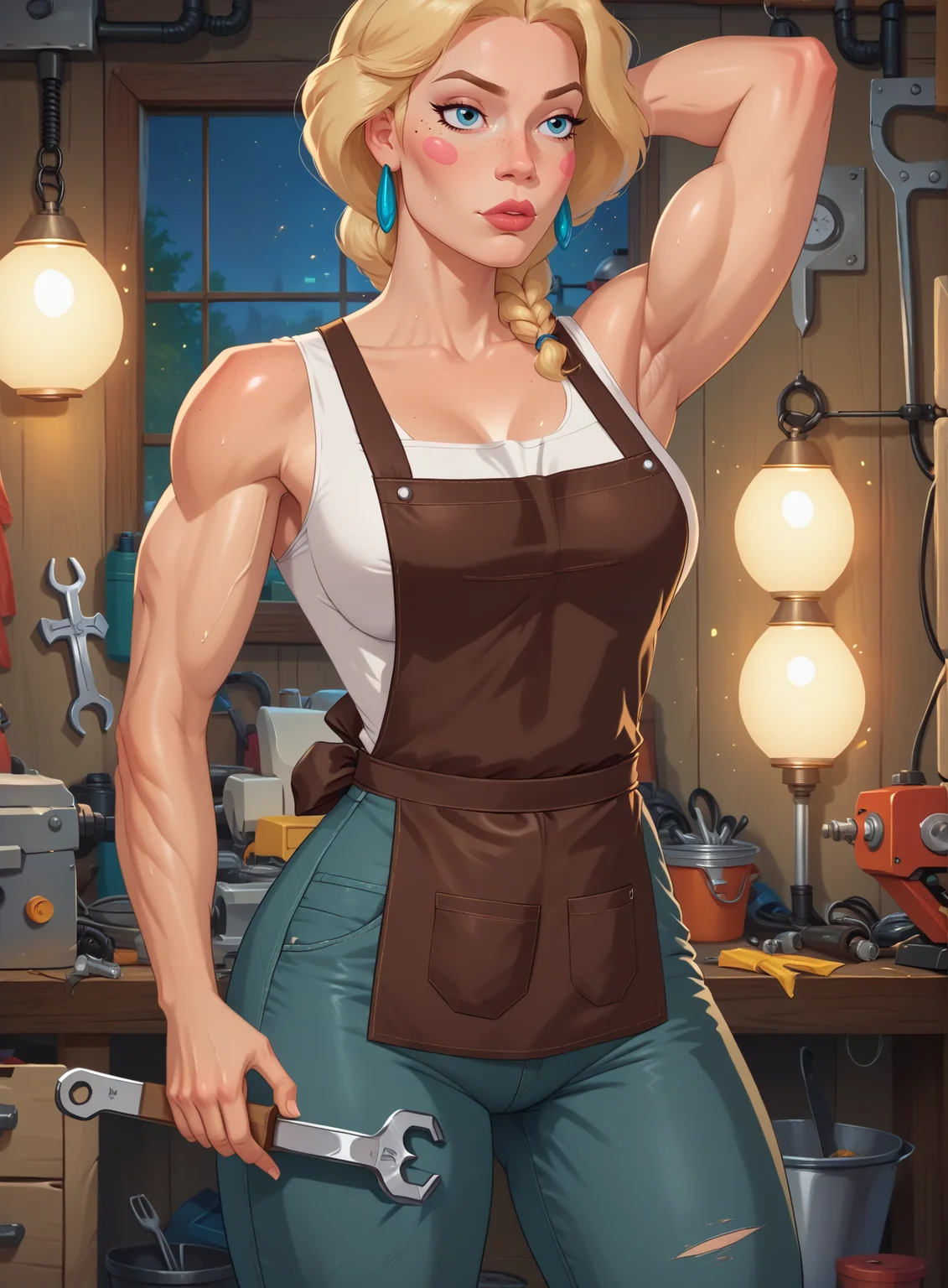 score_9, score_8_up, score_7_up,  sexy, 1girl, solo, cowboy shot, nastasya, sweat, pants, holding, wrench in hand, hand behind head, looking away, nude, smith, working, workshop, metalworks, leather apron, bare shoulders, breasts, sledgehammer, muscular, dark, particles, sparks, lamp light, (night, dark:1.2), <lora:mlnc_girls_pxl_v1.5_p:0.8>