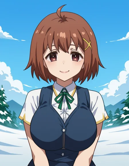 score_9, score_8_up, score_7_up, source_anime, <lora:nimi-minimi-s1-ponyxl-lora-nochekaiser:1>, nimi minimi, short hair, large breasts, brown hair, hair ornament, brown eyes, ahoge, x hair ornament, skirt, school uniform, blue skirt, short sleeves, collared shirt, ribbon, green ribbon,, snow day, winter clothes, snowball fight, laughter, cold breath, white landscape, smile, , smug, solo,, cowboy shot, dutch angle