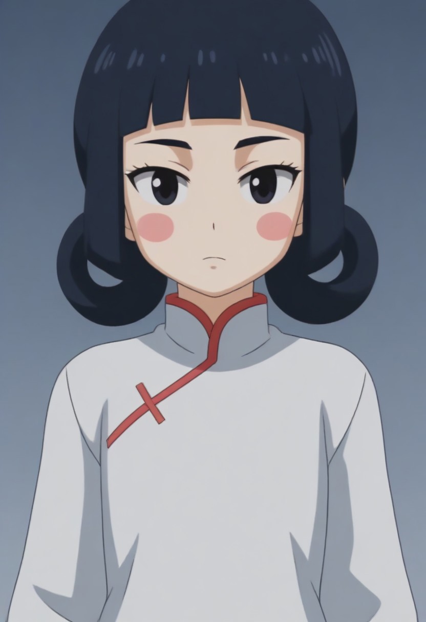 source_anime, anime screencap, source_anime, auratheguillotine, anime screencap, masterpiece, source_anime, shiny skin,,,,,,,,,<lora:jasmineMedi_illustriousXL_v01:1> jasmindef, black hair, blunt bangs, short hair, black eyes, blush stickers, hair rings, sidelocks, small brows, chinese clothes, white dress,