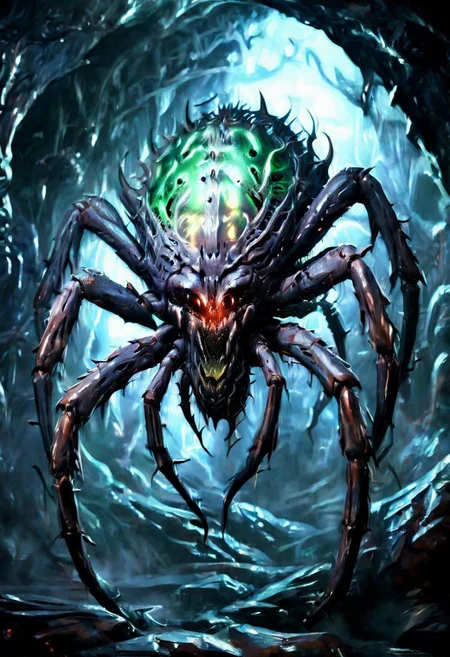 Full body photo of a scary alien creature that looks like a humanoid spider with venom coming out from its mouth emerging from a dark cave, green deadly eyes, horror, dark, intricate design and details, dramatic lighting, photorealistic, cinematic, 8k, cinematic noise