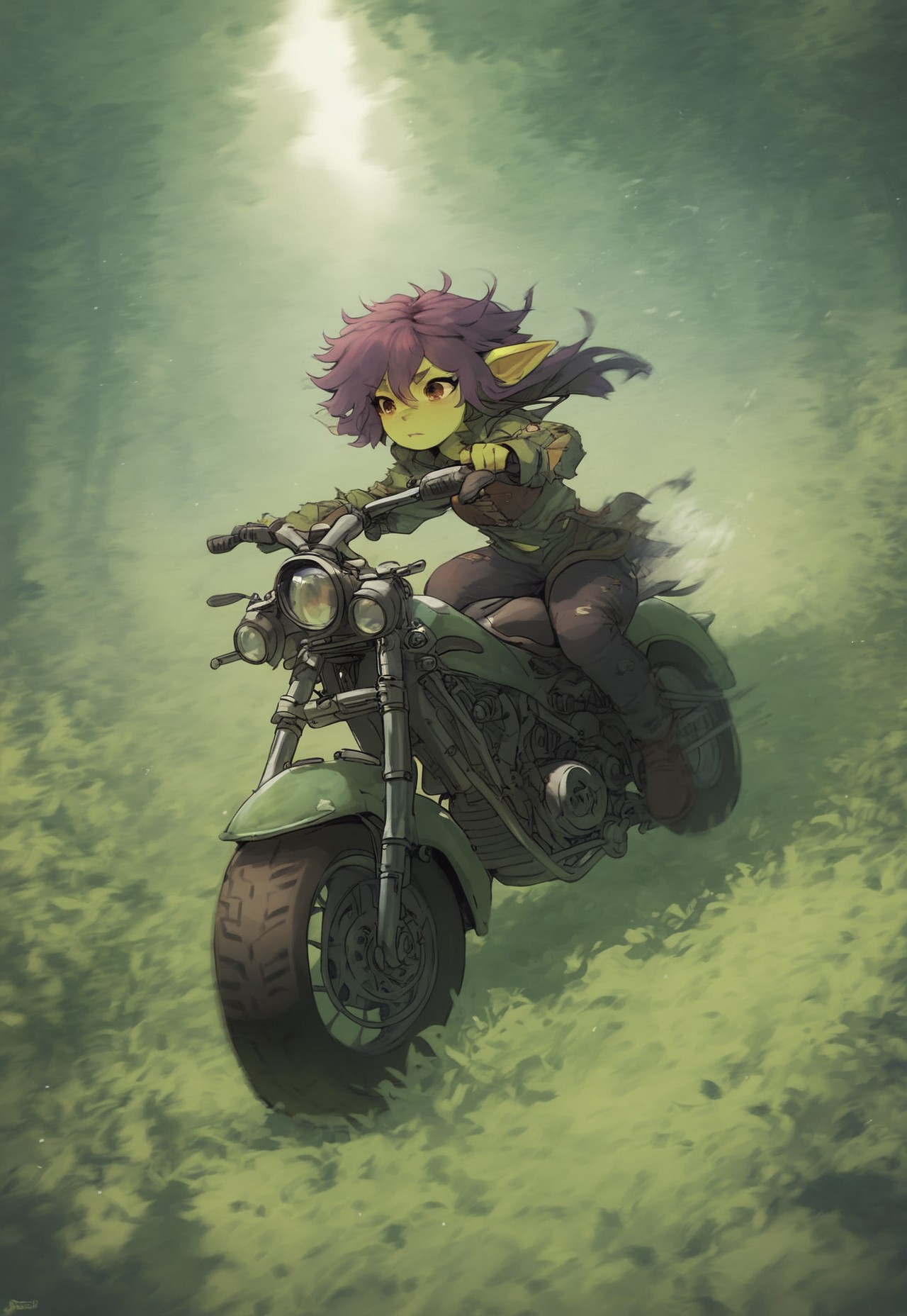 score_9,score_8_up,score_7_up, goblin girl, green skin, purple hair, messy side cut, short, shortstack, brown eyes, tattered clothing, leather clothing, covered, riding motorcycle, panic, action shot, motion blue, dynamic angle, speed lines, depth of field, detailed background, forest, daytime