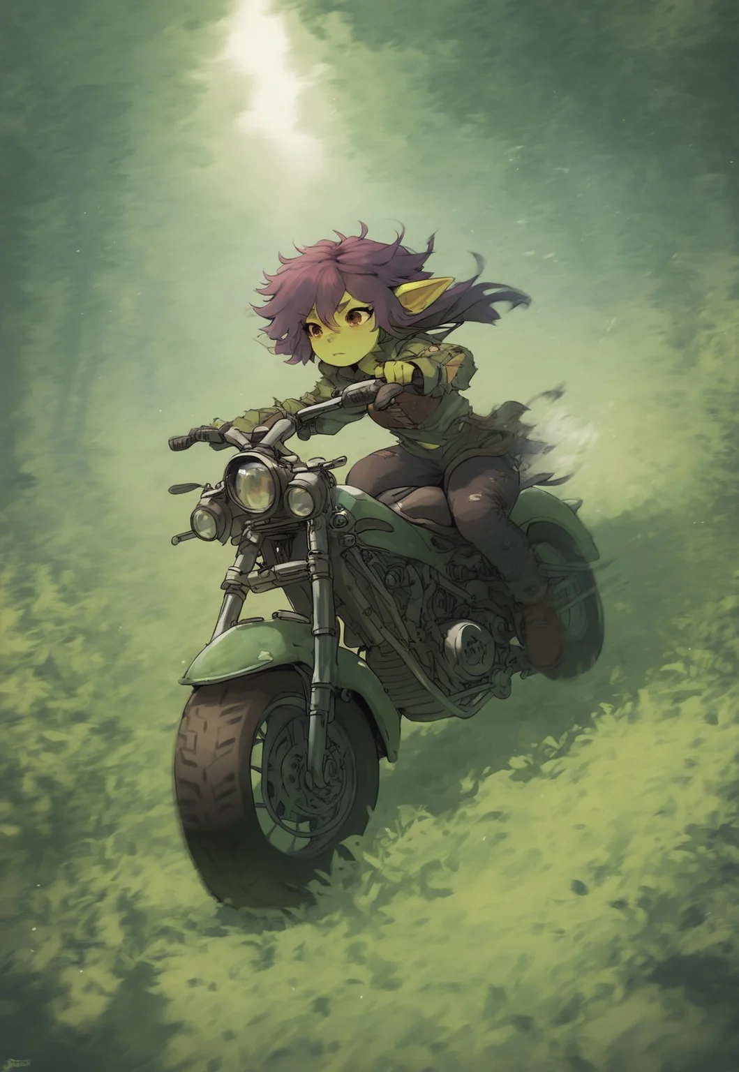 score_9,score_8_up,score_7_up, goblin girl, green skin, purple hair, messy side cut, short, shortstack, brown eyes, tattered clothing, leather clothing, covered, riding motorcycle, panic, action shot, motion blue, dynamic angle, speed lines, depth of field, detailed background, forest, daytime