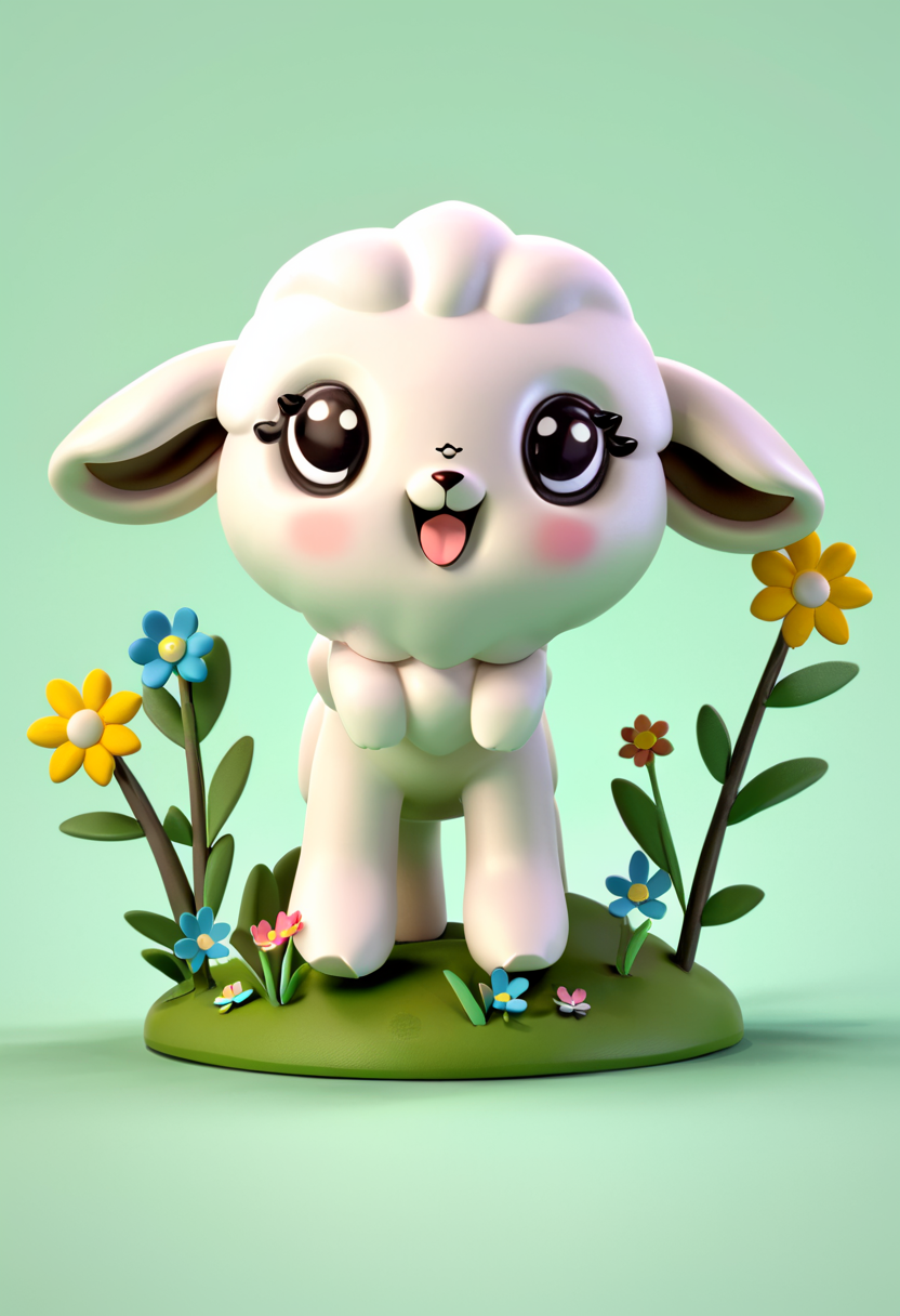 cute cartoon character, lamb enjoying springtime flowers, gmrndnr, vinyl toy, whimsical 3d character <lora:gmrndnr_v0.0.1:1>