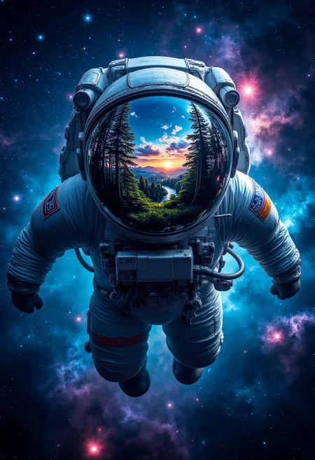 In zero gravity a lost astronaut floating in outer space. Delicate forest lake landscape reflected in astronaut's helmet. Vibrant colors of the cosmic background of distant azure stars and pink gas clusters. Sci-fi, hopeless, despairm, higly detailed. midjourneyv6.1, detailmaximizer