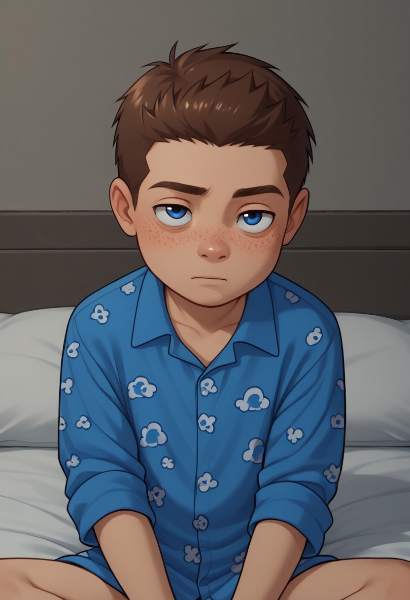 score_9, score_8_up, score_7_up, highly detailed, cute boy, 1boy, solo, young, Jack Power, Blue Eyes, Brown Hair, Freckles, sleepy, bags under eyes, Blue Pajamas, night, in bedroom