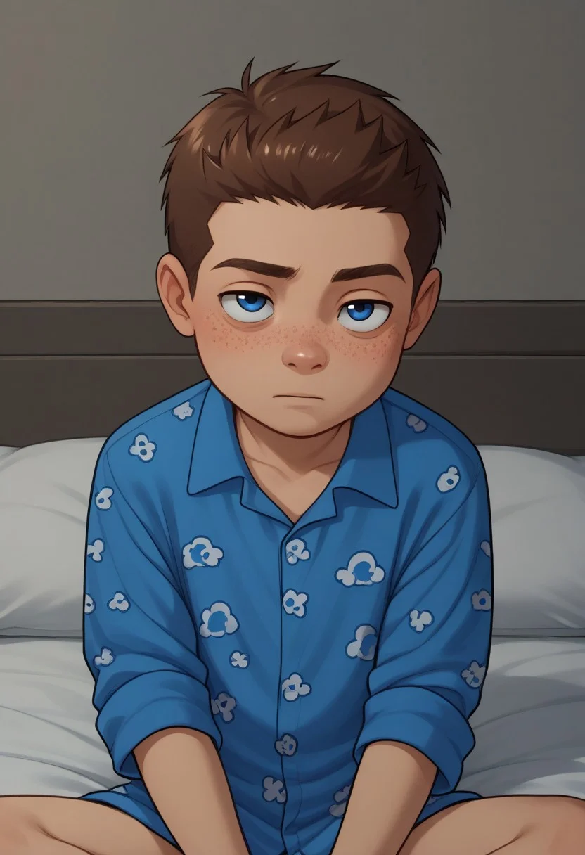 score_9, score_8_up, score_7_up, highly detailed, cute boy, 1boy, solo, young, Jack Power, Blue Eyes, Brown Hair, Freckles, sleepy, bags under eyes, Blue Pajamas, night, in bedroom