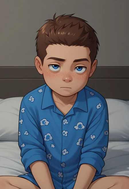 score_9, score_8_up, score_7_up, highly detailed, cute boy, 1boy, solo, young, Jack Power, Blue Eyes, Brown Hair, Freckles, sleepy, bags under eyes, Blue Pajamas, night, in bedroom