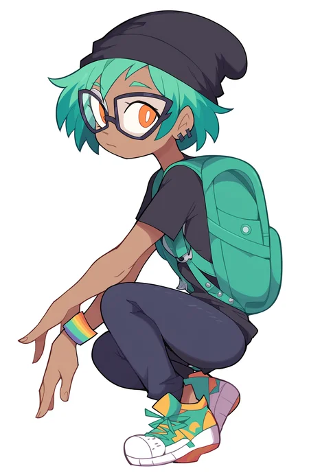 score_9, score_8_up, score_7_up, score_6_up, score_5_up, score_4_up, BREAK
solo, 1girl, white background, simple background, shoes, jewelry, short hair, earrings, pants, black beanie, shirt, from side, looking to the side, looking at viewer, sneakers, black pants, glasses, short sleeves, orange eyes, dark skin, multicolored hair, backpack, beanie, aqua hair, green hair, white footwear, closed mouth
 <lora:miscon_ponyxl:1>