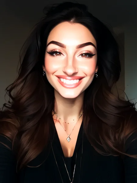 Score_9, score_8_up, score_7_up, bignoselady, large nose, aquiline, <lora:Big_Nose_Ladies:1.3>, 1girl, solo, smile, jewelry, necklace, black hair, long hair, grin, looking at viewer, brown eyes