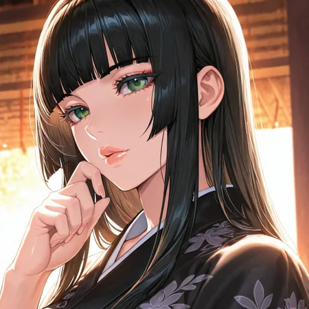 1girl, <lora:Gentiana_FFXV_ilxl_goofy:1> gentiana, \(FFXV\),, adult woman, masterpiece, black kimono, hand up, black hair, long hair, hime cut, blunt bangs, detailed lips, luscious lips, lip gloss, portrait, colored eyelashes, backlighting, detailed eyes, green eyes, large breasts, goddess, glossy skin, ,hires,best quality, very aesthetic,absurdres,score_9, score_8_up, score_7_up, score_6_up, score_5_up, score_4_up, (hyper extreme detailed), (hyper quality), game CG, (colour:1.2),(from side:0.7)