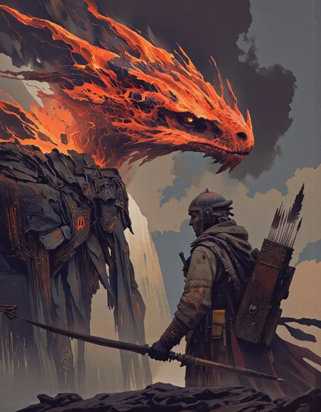 Art par Alexey Egorov. Une prise de vue d'illustration numérique à partir d'un angle de caméra de profil sur une illustration stylisée d'une figure humanoïde avec une tête de dragon émergeant d'un paysage rempli de lave, situé sur un fond sombre et fumé. L'image montre également un guerrier tribal avec un arc et une flèche, debout sur le côté droit de l'image, en regardant le dragon. Sur le côté gauche, une grande créature rouge et orange éclatante avec des cornes pointues et pointues et des yeux brillants semble émerger de la lave. La créature est positionnée au premier plan, avec le retour du guerrier au spectateur. Le guerrier porte une tenue tribale traditionnelle avec des plumes et a une expression déterminée sur leur visage. Le fond est rempli d'un mélange de tons sombres et clairs, avec une touche de fumée et de lave, créant une atmosphère dramatique et intense. Le style global rappelle une illustration fantastique ou de science-fiction.