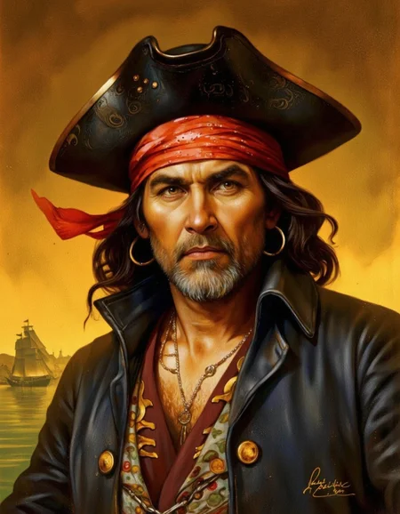 Art by Patrick Jones. A realistic digital painting of a portrait of an elderly man with a serious expression, wearing a black pirate hat with a red bandana and large hoop earrings. the man, who appears to be in his late 60s or early 70s, has long black hair and a beard, and is looking to the side with a thoughtful expression. he is depicted in a close-up portrait, with a focus on his face and upper body. the background is a gradient of yellow and orange hues, creating a warm and moody atmosphere. the lighting is soft and warm, highlighting the man's features and the texture of his clothing. the style is reminiscent of fantasy art, with vibrant colors and detailed shading, giving the image a sense of depth and realism. the artist's signature is visible in the bottom right corner, adding a personal touch to the artwork.