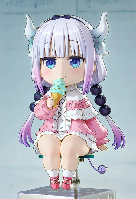 masterpiece, best quality, amazing quality, newest, absurdres, highres, safe, nendo, nendoroid figurine, 1girl, Kanna_Kamui, sitting, eating ice cream, looking at viewer