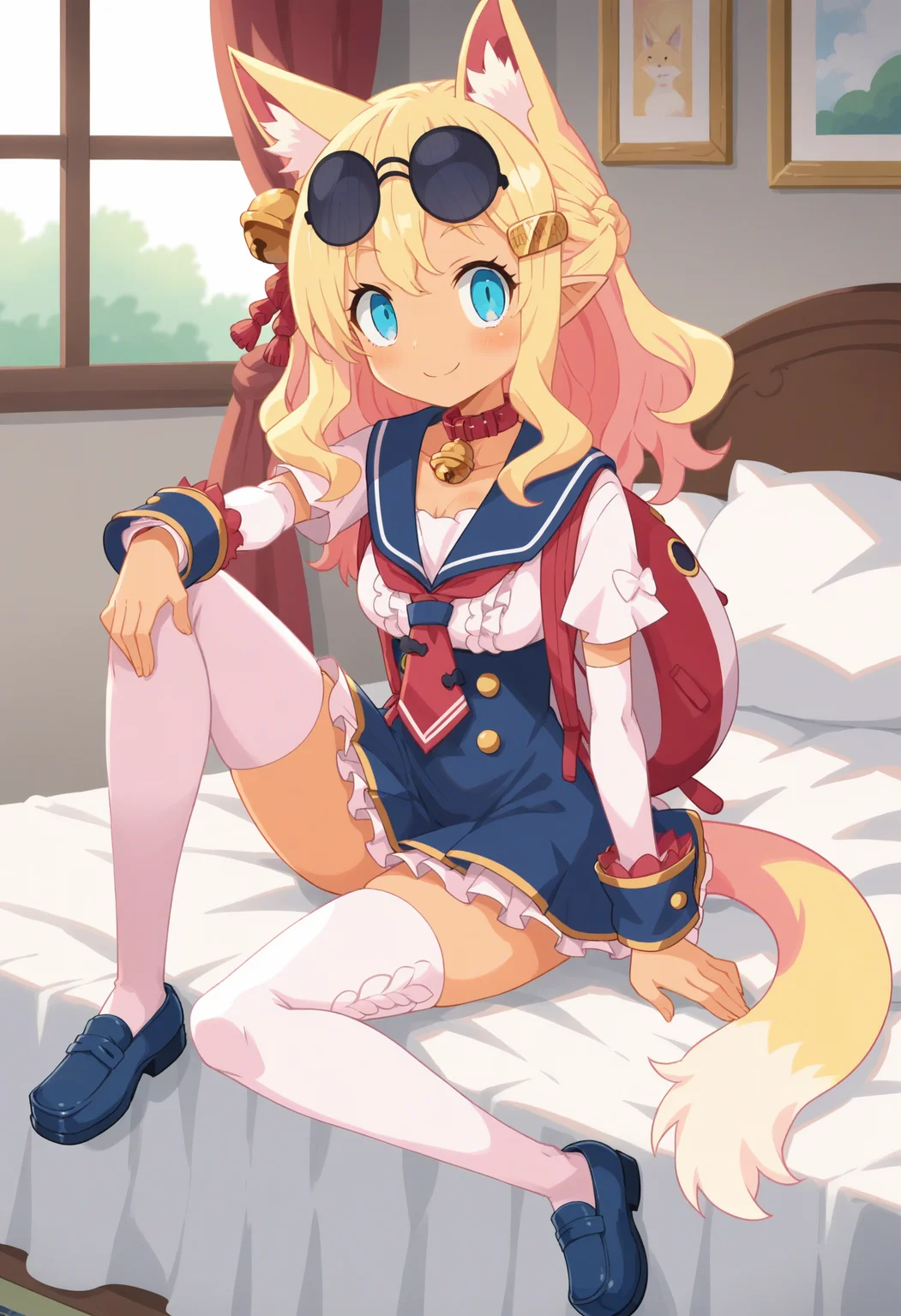 score_9, score_8_up, score_7_up, score_6_up, score_5_up, score_4_up , anime coloring ,BREAK source_anime, anime,screencap,
1girl, solo, pirilika, red collar, red necktie, red hair ribbon, blue wrist cuffs, white arm warmers, yellow hairclip, fox girl, round eyewear, white shirt, blue sailor collar, school uniform, white thighhighs, sailor dress, eyewear on head, neck bell, blue loafers, hair bell, red backpack, <lora:PonyXL Pirilika V1:0.8>
indoors, sitting on bed,
smile, looking at viewer,