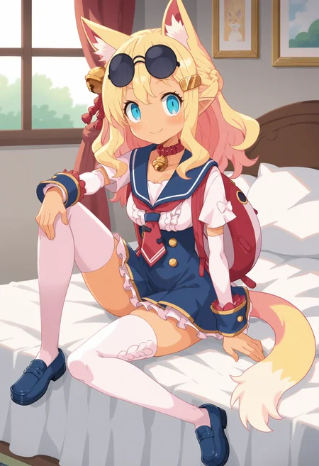 score_9, score_8_up, score_7_up, score_6_up, score_5_up, score_4_up , anime coloring ,BREAK source_anime, anime,screencap,
1girl, solo, pirilika, red collar, red necktie, red hair ribbon, blue wrist cuffs, white arm warmers, yellow hairclip, fox girl, round eyewear, white shirt, blue sailor collar, school uniform, white thighhighs, sailor dress, eyewear on head, neck bell, blue loafers, hair bell, red backpack, <lora:PonyXL Pirilika V1:0.8>
indoors, sitting on bed,
smile, looking at viewer,