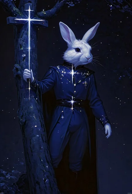 (An rabbit god), red slit pupil, (in navy blue european prince style palace clothes medieval:1.7), stretches from a birch tree trunk, (hold up a giant holy cross:1.6), against a soft-focus black background, (detailed claw), (aaar7gl), (sparkle:1.9), (night), (very dark environment:1.5), moon, (gleam:1.9), painting, drawing, 8k uhd, dslr, soft lighting, best quality, film grain, masterpiece, aesthetic, animal focus, no human, (open mouth:1.7)