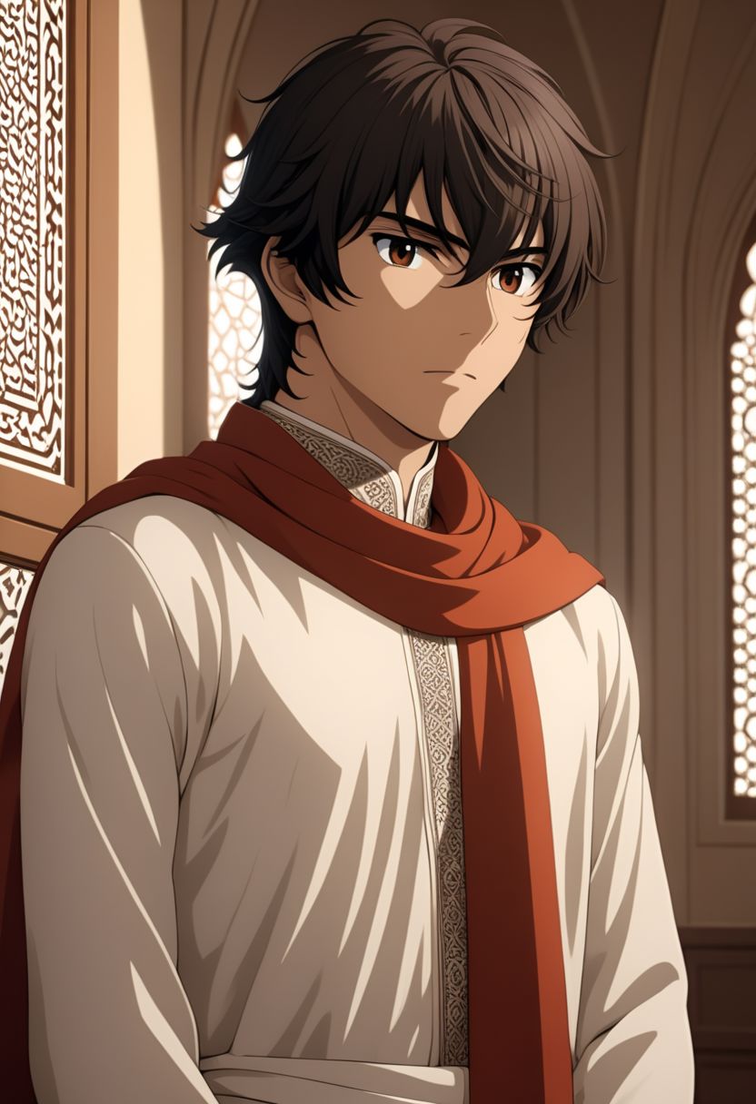 ASCIIsoran_ibrahim, 1man, male focus, solo, warm beige skin, brown hair, (lean, slim, thin),
detailed glossy reflective eyes, expressive eyes, big brown eyes, wearing a white thobe, red scarf,
in an Islamic palace,
masterpiece, best quality, ultra high res, 4k, 8k, intricate detail, clamshell warm lighting,
