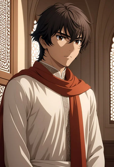 ASCIIsoran_ibrahim, 1man, male focus, solo, warm beige skin, brown hair, (lean, slim, thin),
detailed glossy reflective eyes, expressive eyes, big brown eyes, wearing a white thobe, red scarf,
in an Islamic palace,
masterpiece, best quality, ultra high res, 4k, 8k, intricate detail, clamshell warm lighting,