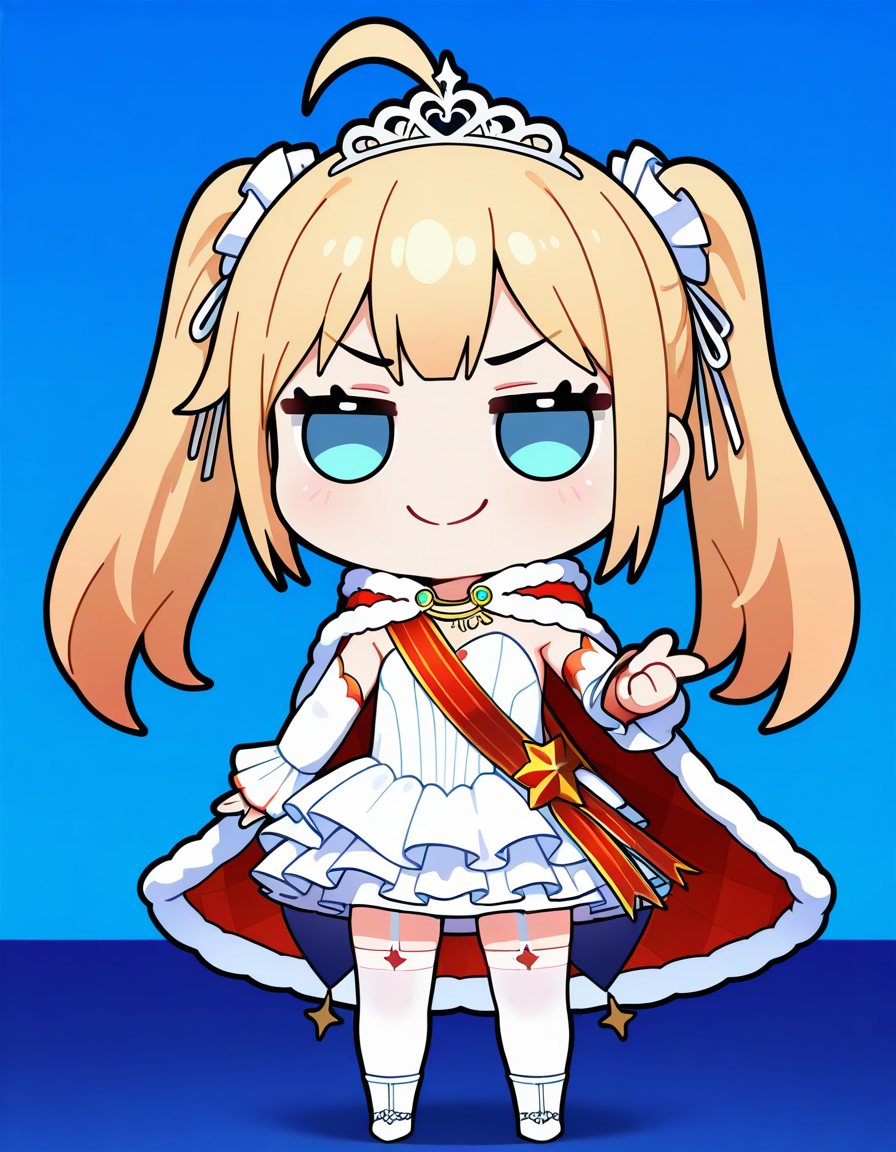 <lora:AzlaAmazon_SDXL_Illustrious_fp16_ver02:0.8>,AzlaAmazonANV, 1girl,twintails,white thighhighs, blue eyes, blonde hair,garter straps, fur-trimmed cape,white dress, ahoge,shoulder sash, white hair bow,tiara,detached sleeves,blank eyes,3D, chibi,black outline,smug,looking at viewer,, masterpiece, best quality, very aesthetic, absurdres,<lora:detailed_hands:1>,hand
