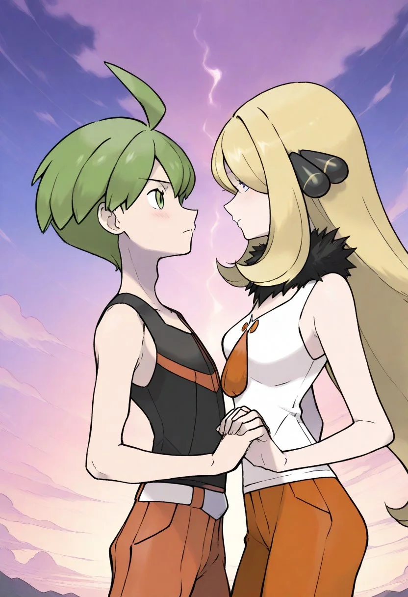 masterpiece, best quality, very aesthetic, absurdres, sharp details, pokemon, 1girl, 1boy, green hair, blonde hair, grey eyes,long hair,
hair over one eye,looking at another, short hair, blush,green eyes,ahoge, straight hair, sidelocks, holding hands, eye contact, outdoors, Aaron(pokemon), cynthia (pokemon), hetero, closed mouth,couple,puzzle_morph_rks,
black sleeveless shirt, orange pants, white with orange shoes, belt
sugimori ken,
eye contact,interlocked fingers,cowboy shot