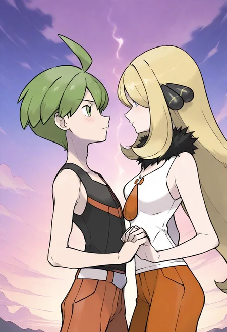 masterpiece, best quality, very aesthetic, absurdres, sharp details, pokemon, 1girl, 1boy, green hair, blonde hair, grey eyes,long hair, 
hair over one eye,looking at another,  short hair, blush,green eyes,ahoge, straight hair, sidelocks, holding hands, eye contact, outdoors, Aaron(pokemon), cynthia (pokemon), hetero, closed mouth,couple,puzzle_morph_rks,
black sleeveless shirt, orange pants, white with orange shoes, belt
sugimori ken,
eye contact,interlocked fingers,cowboy shot