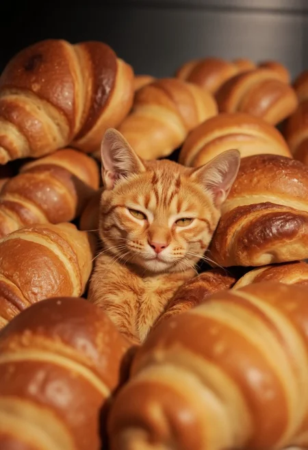 A serene (orange tabby cat) nestled comfortably among a row of (warm, golden croissants), its eyes gently closed in a state of complete relaxation. The cat’s (striped fur) blends almost seamlessly with the flaky layers of the croissants, creating an amusing yet harmonious composition. The (soft, warm lighting) enhances the texture of both the cat's fur and the croissants' crust, highlighting the cozy and whimsical nature of the scene. The (cool background) contrasts with the warm tones in the foreground, adding depth and making the cat and croissants stand out as the focal point.