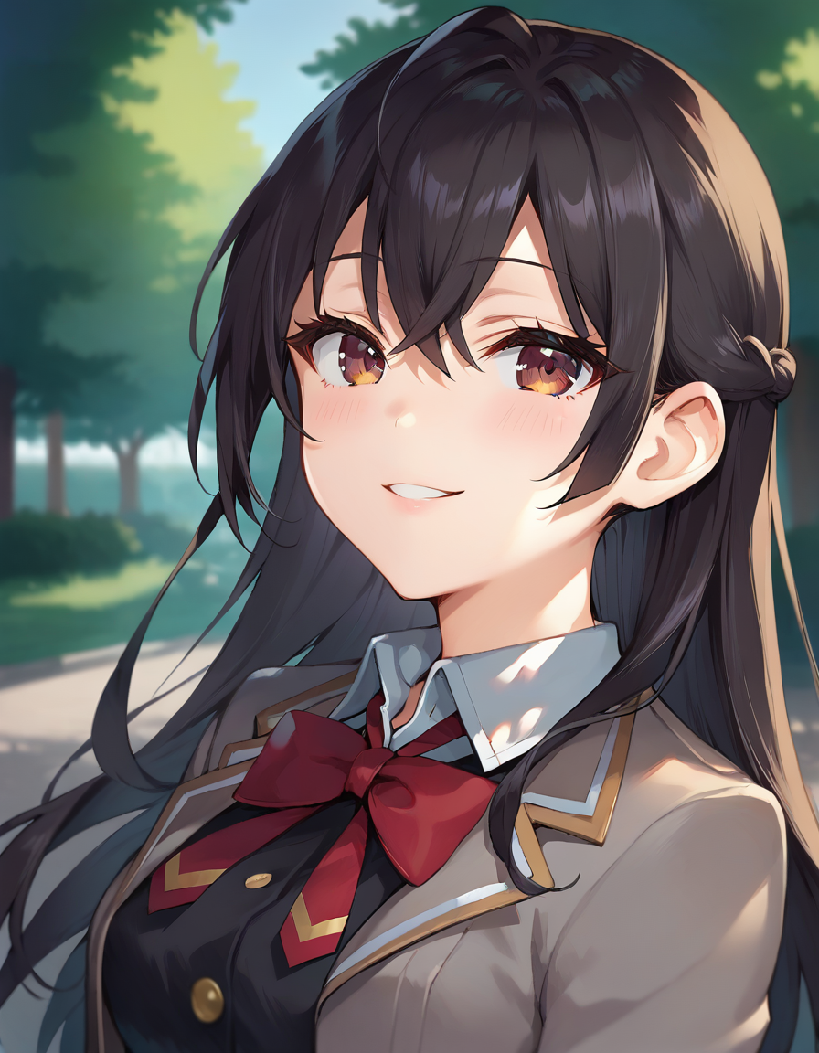 score_9,score_8_up,score_7_up,score_6_up BREAK official art,solo,outdoors,upper body,(portrait:1.5),looking at viewer,facing viewer,happy,Suou Yuki,long hair,black hair,french braid,hair between eyes,parted bangs,brown eyes,school uniform,grey jacket,cropped jacket,open clothes,open jacket,wing collar,red bowtie,black dress,pleated dress,double-breasted,collared shirt,white shirt,medium breasts,skindentation,long sleeves,black socks,loafers,brown footwear,<lora:Suou Yuki(tsrdta)-Pony:1.2>,<lora:Smooth Anime Style LoRA XL:0.8>,